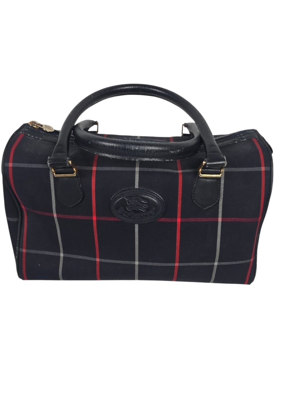 Burberrys Nova Check Toiletry Bag Vintage Leather Trim Navy Red Plaid